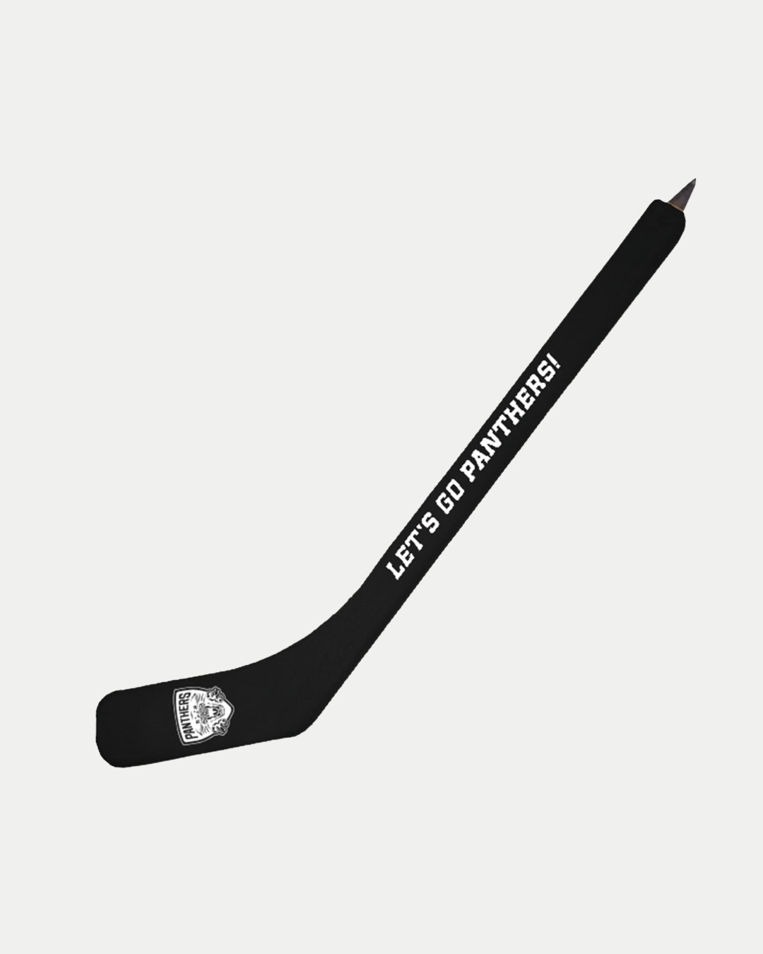 The Panthers Hockey Stick Pen by Nottingham Panthers is a black, officially licensed pen featuring a white Lets Go Panthers! slogan and the team logo near the blade, shown on a plain white background.