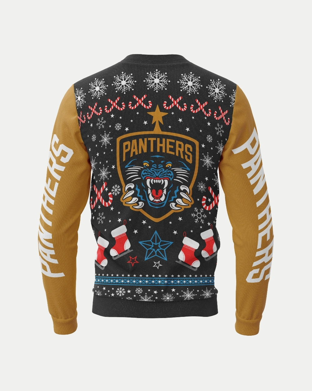 Panthers fans, celebrate in style with the Nottingham Panthers Christmas Jumper Happy Hockeydays! Featuring PANTHERS on gold sleeves, a panther logo, and festive team icons. Pre-order your official Nottingham Panthers sweater now!.