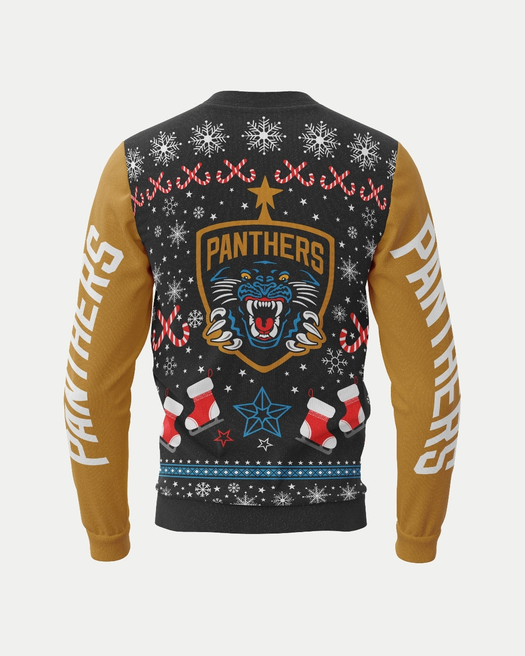 Panthers fans, celebrate in style with the Nottingham Panthers Christmas Jumper Happy Hockeydays! Featuring PANTHERS on gold sleeves, a panther logo, and festive team icons. Pre-order your official Nottingham Panthers sweater now!.