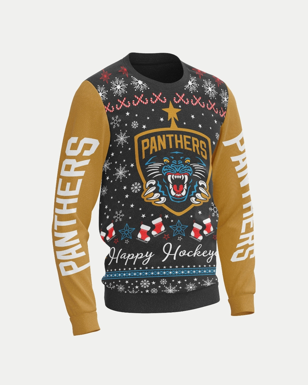 Celebrate the season with the Nottingham Panthers Christmas Jumper Happy Hockeydays! This festive sweater features gold sleeves, a snarling panther, snowflakes, candy canes, and Happy Hockey. Pre-order now from Nottingham Panthers.