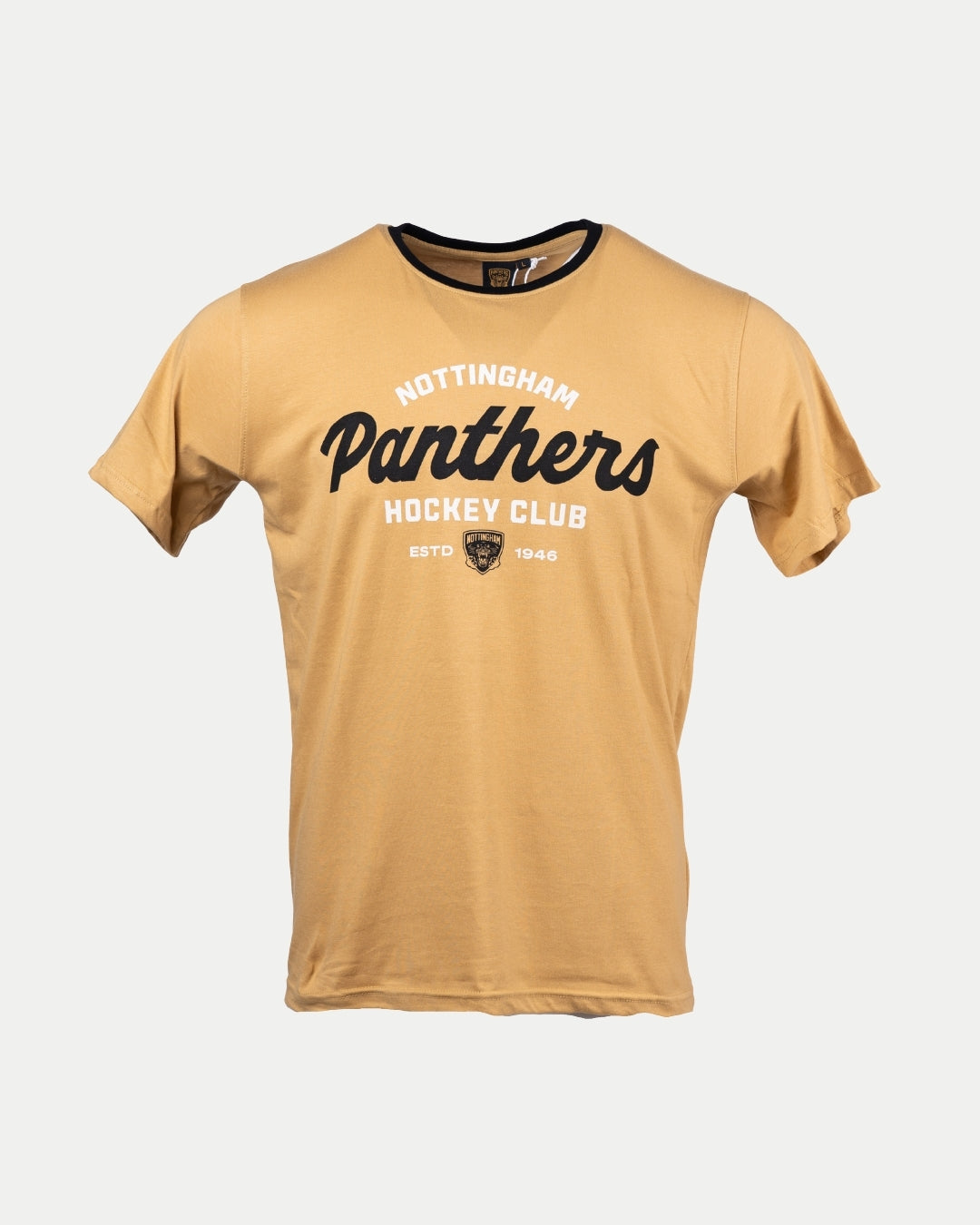 The Golden Hockey Club T-Shirt by Nottingham Panthers is a light brown tee with Nottingham Panthers Hockey Club ESTD 1946 in bold white and black text, short sleeves, and a black neckline trim for a classic, sporty style.