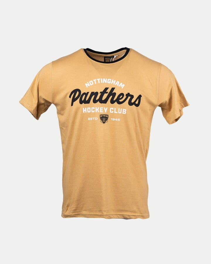 The Golden Hockey Club T-Shirt by Nottingham Panthers is a light brown tee with Nottingham Panthers Hockey Club ESTD 1946 in bold white and black text, short sleeves, and a black neckline trim for a classic, sporty style.