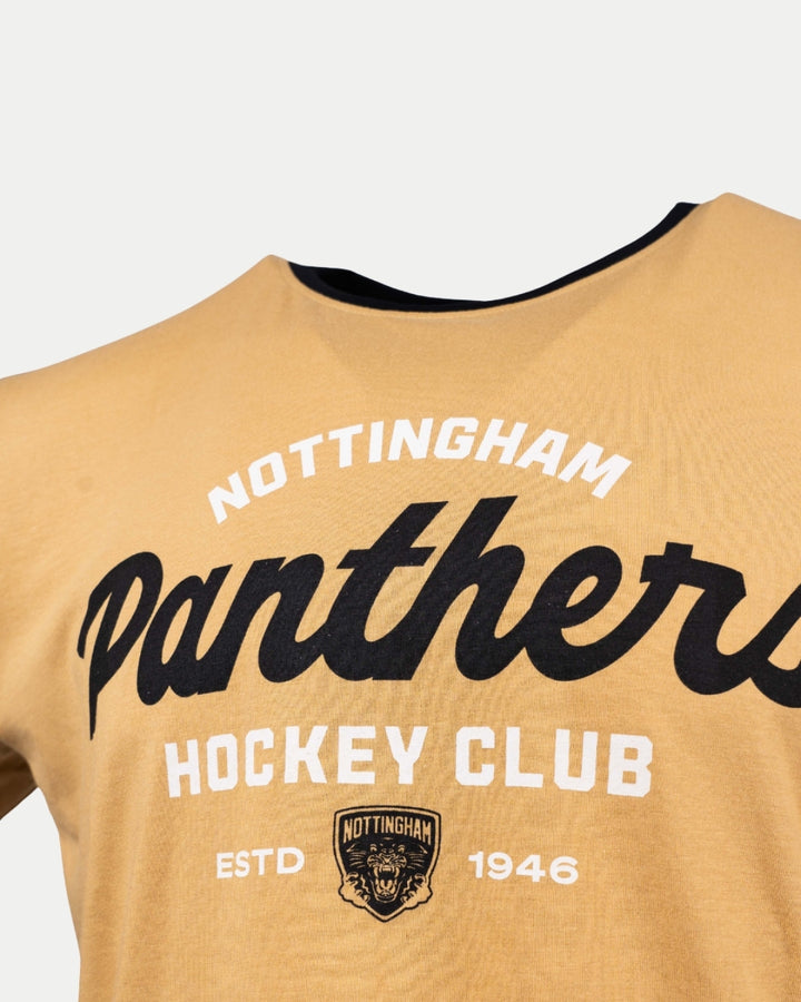 A close-up of the Golden Hockey Club T-Shirt by Nottingham Panthers shows Nottingham Panthers Hockey Club ESTD 1946 and a bold panther logo, both printed in black and white on the tan chest.