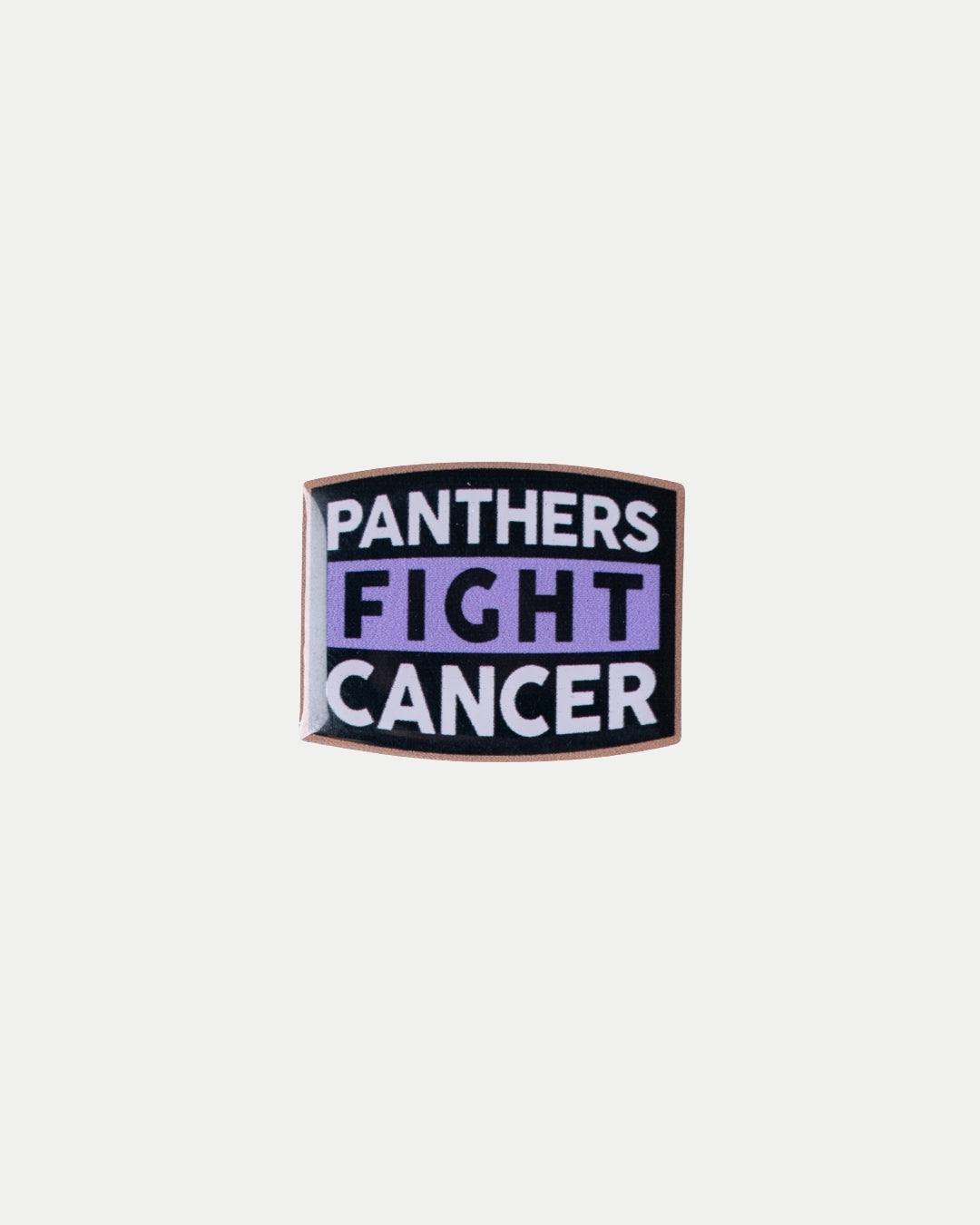 The Nottingham Panthers Fight Cancer Pin Badge features bold white and purple lettering on a black rectangular background.