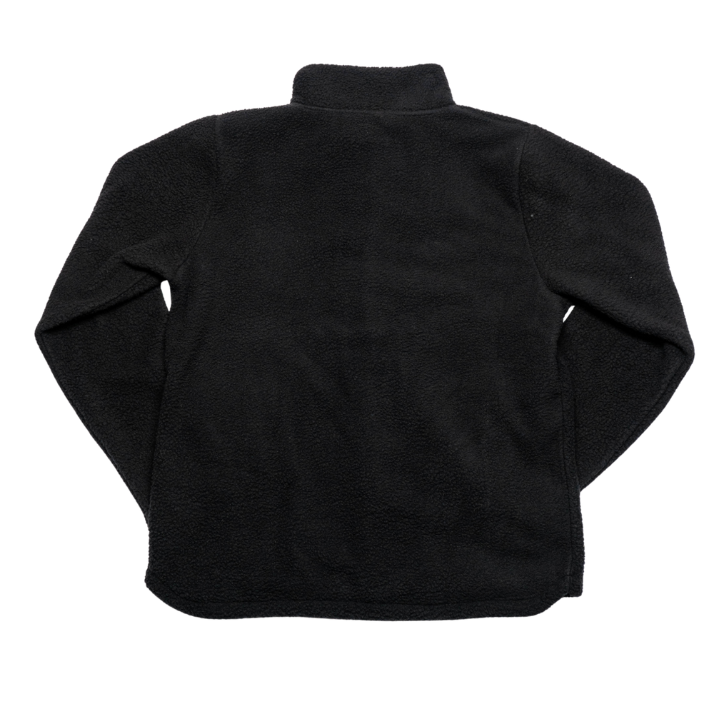 The Nottingham Panthers Pile Jacket Black/Gold Logo 25-26 by Panthersland is shown from the back, laid flat on a white background. It features a soft fleece texture, long sleeves, high collar, and plain black design.