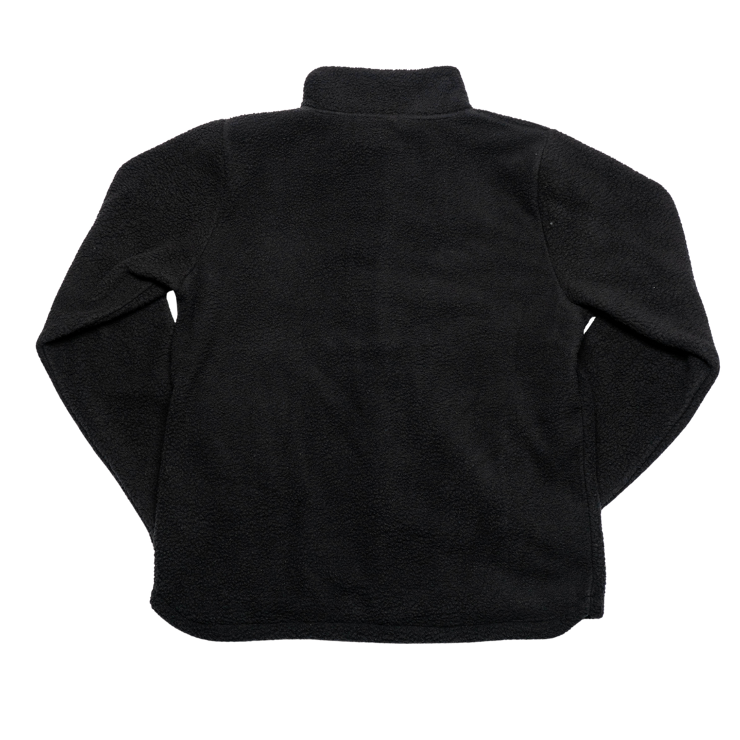 The Nottingham Panthers Pile Jacket Black/Gold Logo 25-26 by Panthersland is shown from the back, laid flat on a white background. It features a soft fleece texture, long sleeves, high collar, and plain black design.