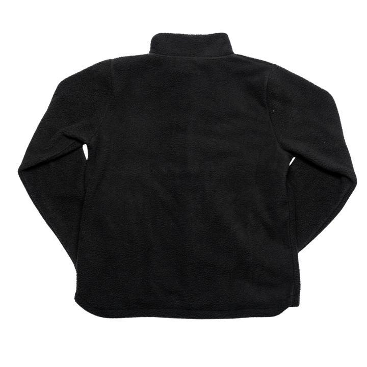 The Nottingham Panthers Pile Jacket Black/Gold Logo 25-26 by Panthersland is shown from the back, laid flat on a white background. It features a soft fleece texture, long sleeves, high collar, and plain black design.