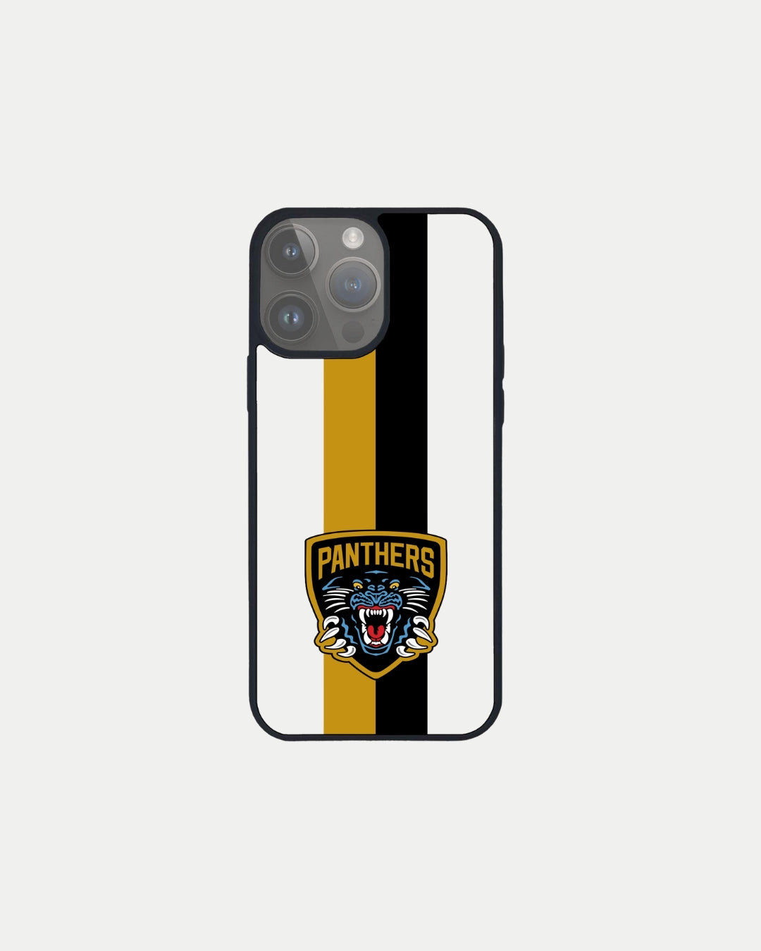 The Nottingham Panthers Panthers White Striped Phone Case features vertical gold, white, and black stripes, a snarling panther logo, and a black-and-gold shield with PANTHERS—made to order just for you to help reduce waste.