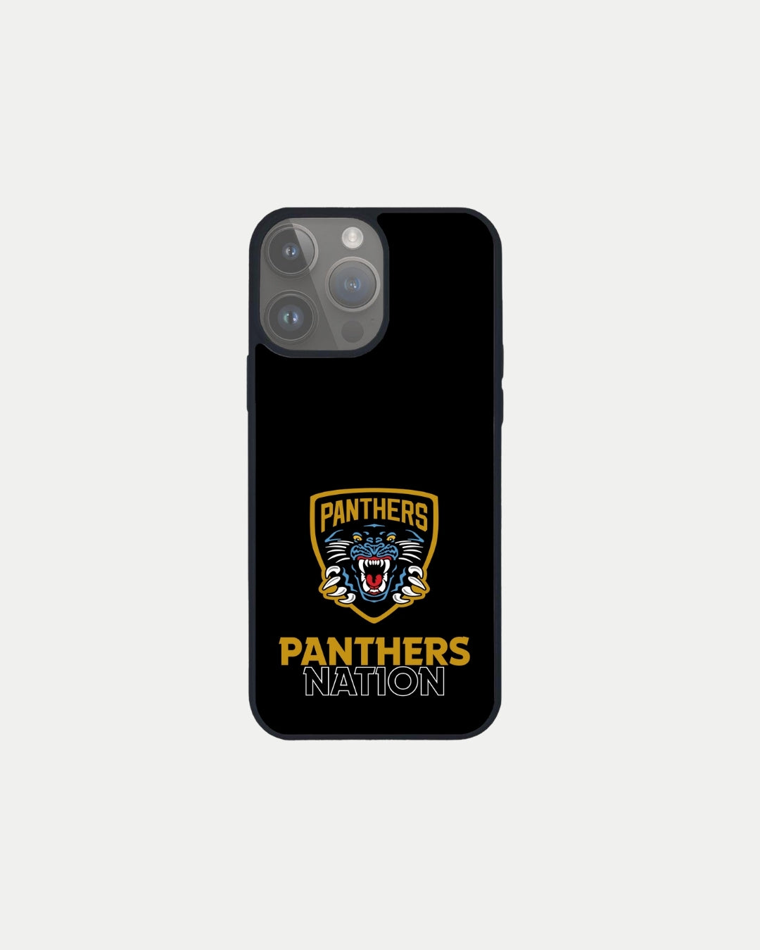 The Nottingham Panthers Panthers Nation Phone Case is a custom black case with a fierce panther logo, PANTHERS above and PANTHERS NATION below in bold yellow and white lettering.