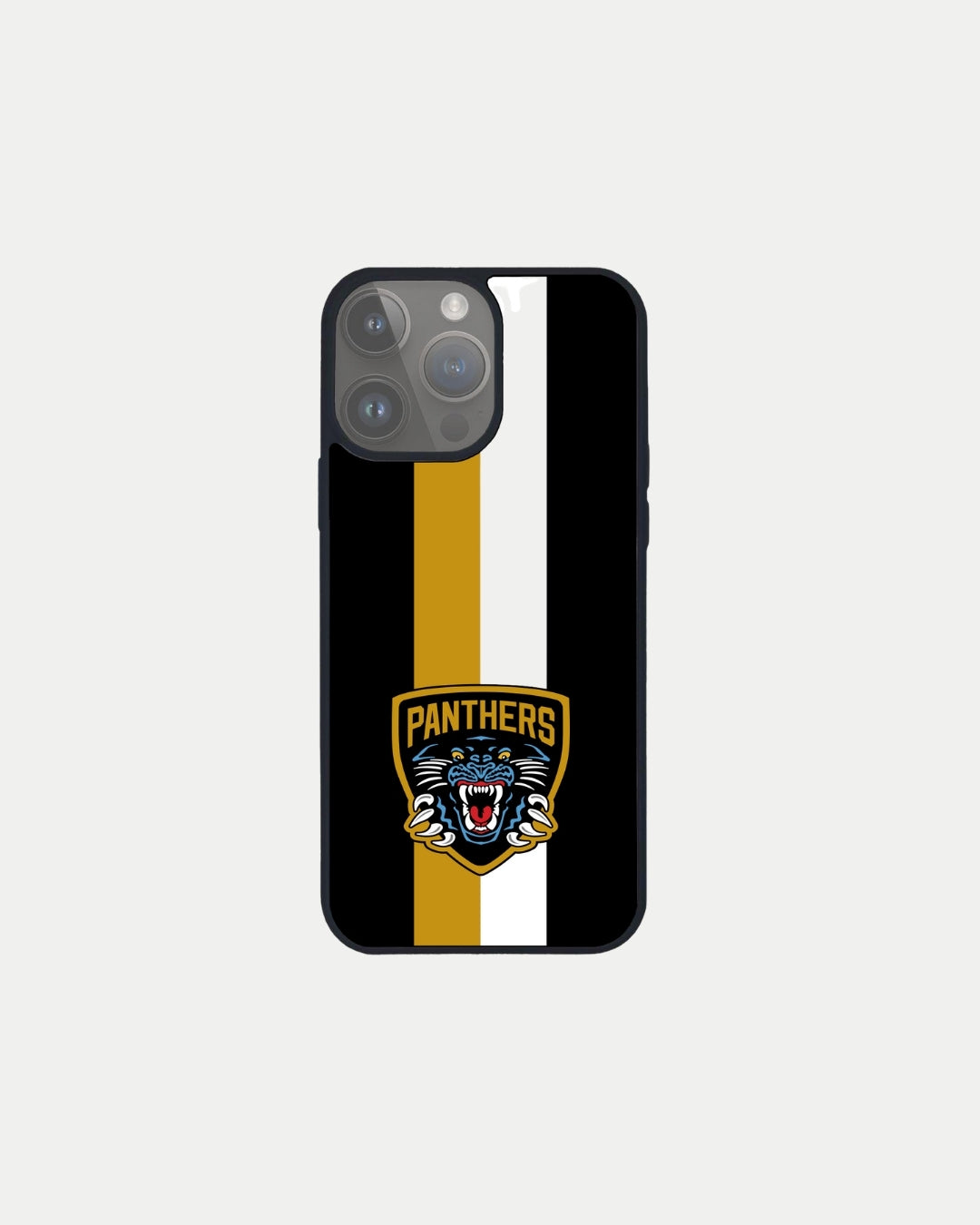The Nottingham Panthers’ Black Striped Phone Case features black, gold, and white vertical stripes plus a roaring panther logo at the bottom center.