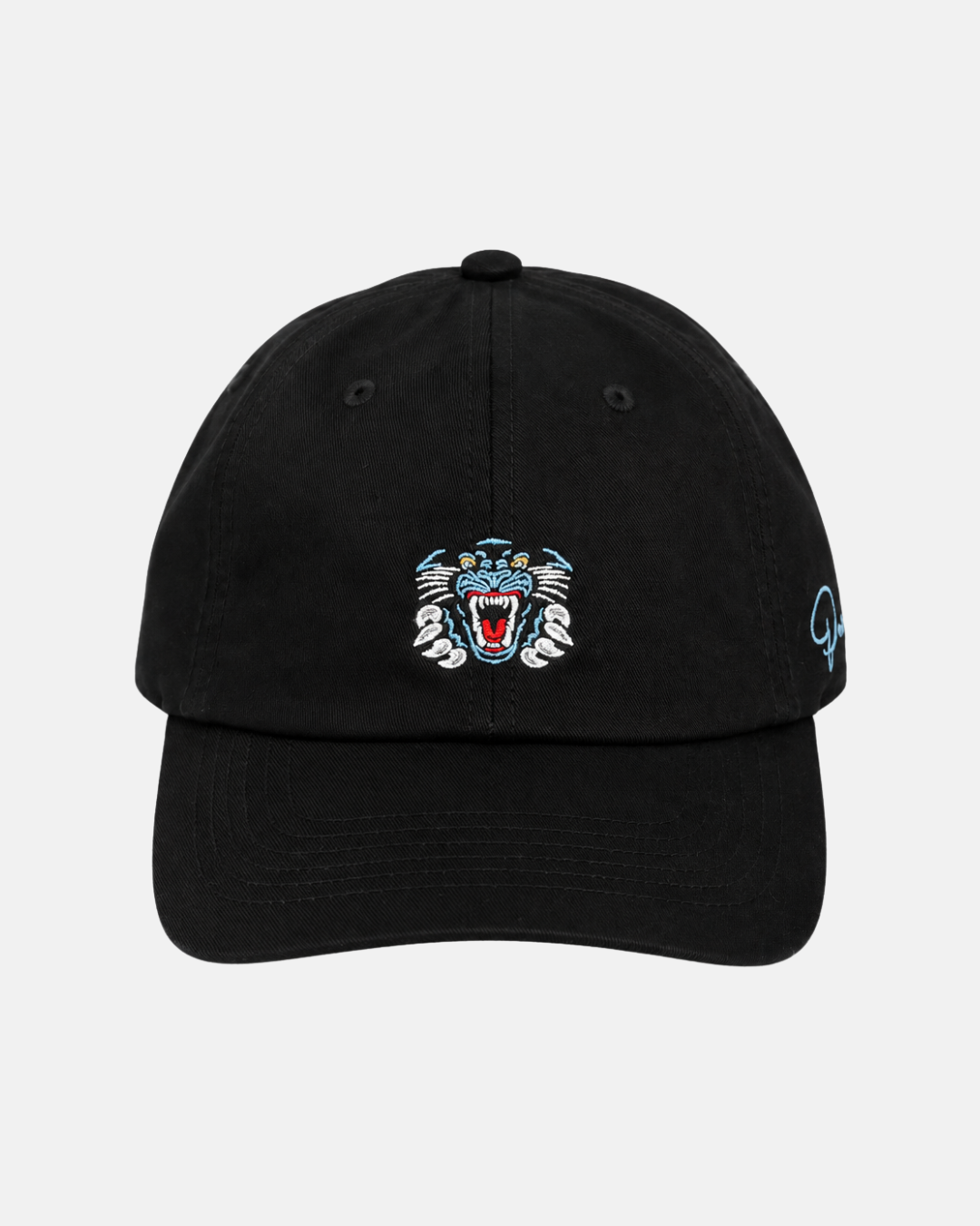 The Panthersland 26-27 Crest Dad Cap is a black baseball cap showcasing an embroidered roaring tiger face on the front with striking blue, white, and red accents. An embroidered crest logo embellishes the right side, while the adjustable clip closure ensures a comfortable fit. Set against a light gray background.