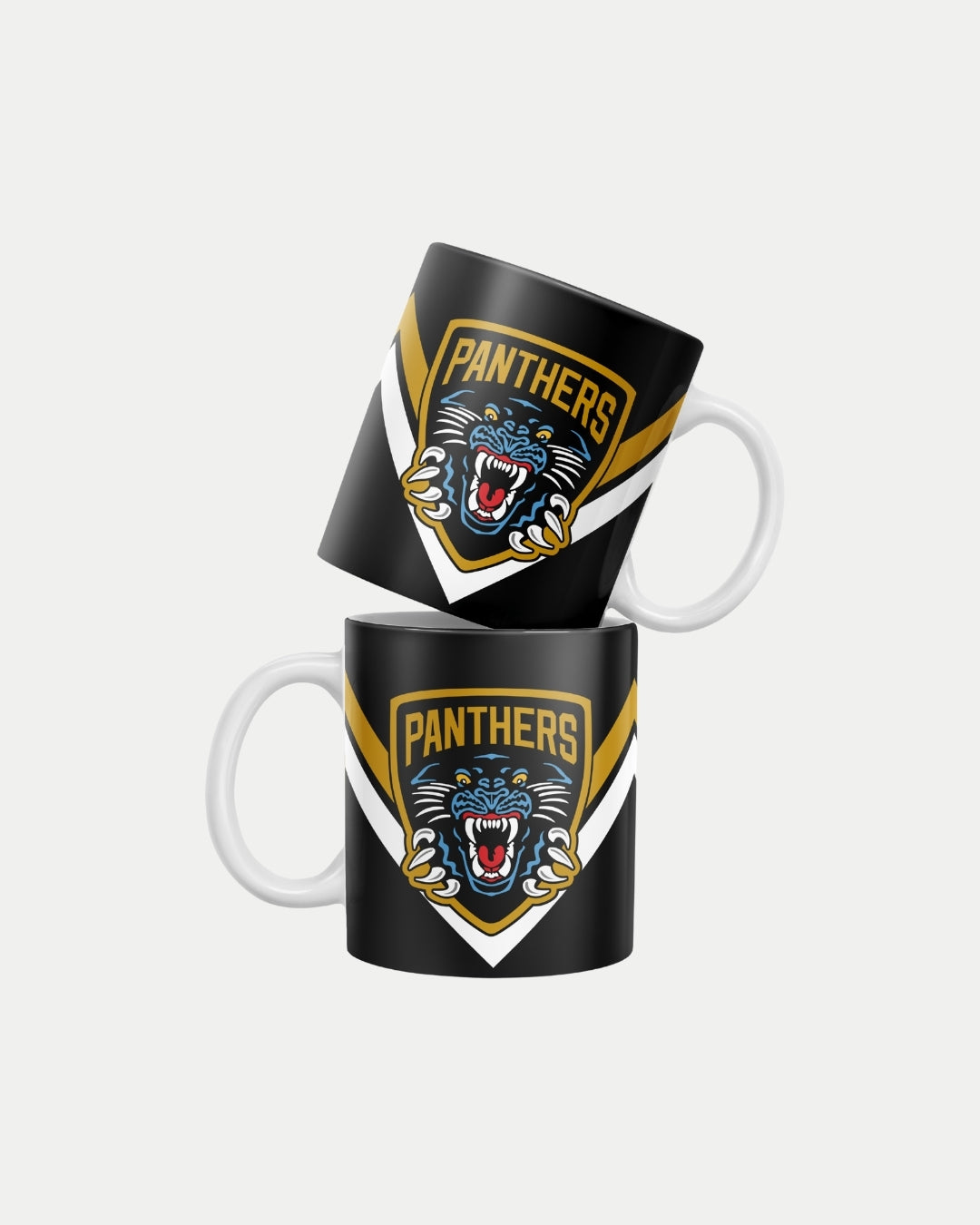 Two Panthers V Mugs by The Nottingham Panthers, each black with a white handle, display a fierce panther logo and “PANTHERS” in yellow. Made-to-order to reduce waste, they stack neatly for an eye-catching presentation.