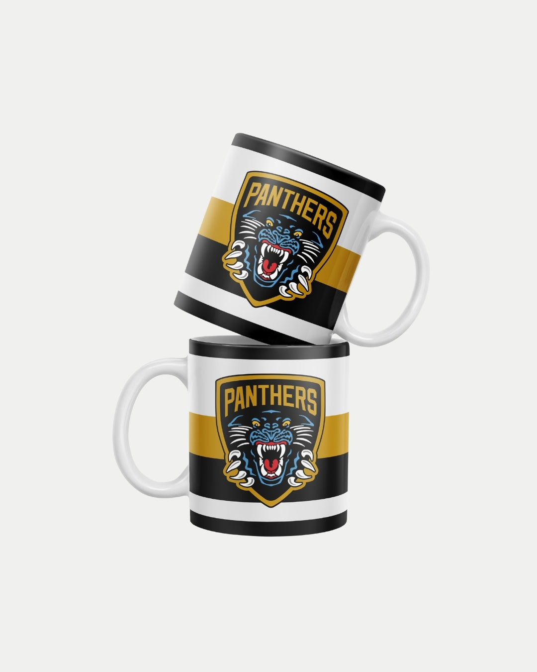 Two Panthers Striped Mugs from The Nottingham Panthers, featuring black and gold stripes with a panther logo and bold PANTHERS text, are stacked together. Each mug is made to order, helping reduce waste. Set against a white background.