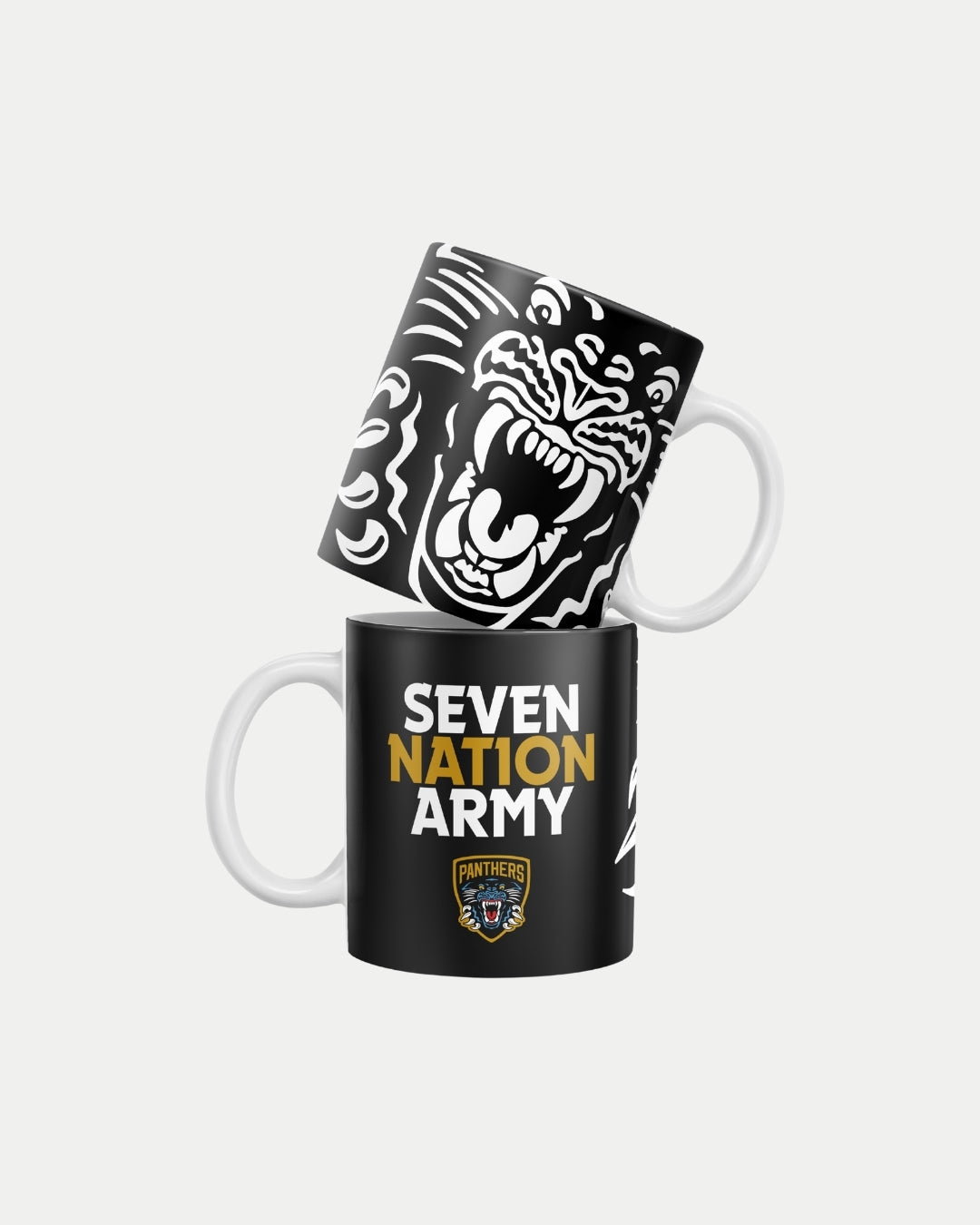 The Nottingham Panthers’ Seven Nation White Mug features a black design with a roaring panther or SEVEN NATION ARMY text above the team logo. Each mug is made to order, helping reduce waste. Shown on a white background.