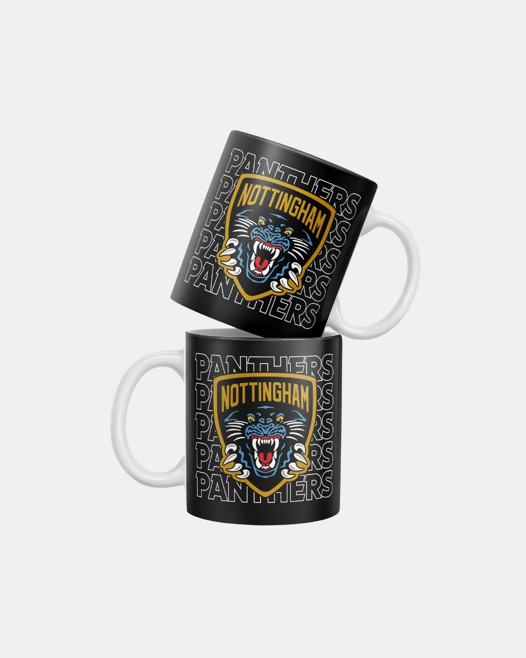 Set of two black Panthers Repeat Mugs by The Nottingham Panthers with white handles, bold PANTHERS text, and panther logo under NOTTINGHAM. Made-to-order to reduce waste. Delivery details shown at checkout.