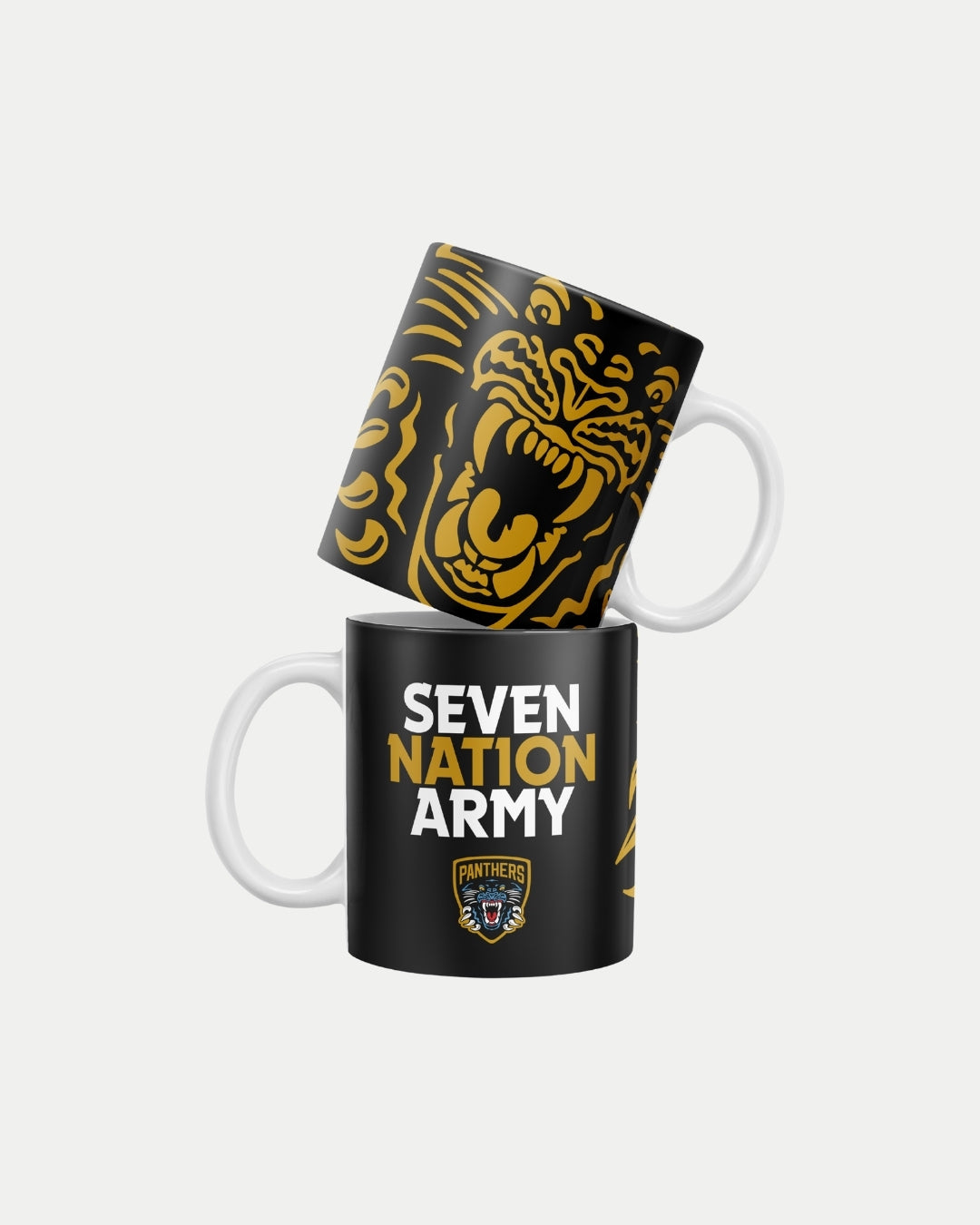 The Nottingham Panthers’ Seven Nation Gold Mug features a yellow roaring panther and SEVEN NATION ARMY above the Panthers logo. Each black mug with a white handle is made to order to help reduce waste.
