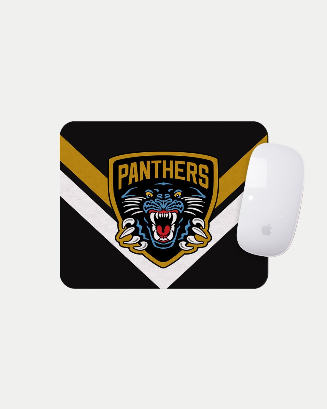 The Nottingham Panthers Panthers V Striped Mousemat features gold and white chevrons, a roaring panther shield, and PANTHERS on a black background. Made to order for less waste; delivery info at checkout. Shown with an Apple Magic Mouse.