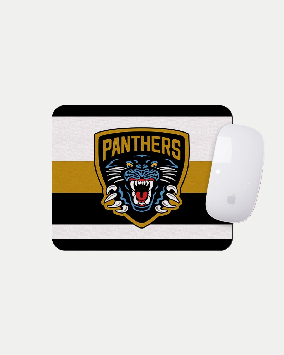 The Nottingham Panthers Panthers Striped Mousemat features horizontal white, black, and gold stripes with a fierce panther logo and bold PANTHERS text. Made-to-order to reduce waste; fits your Apple Magic Mouse on the top right corner.