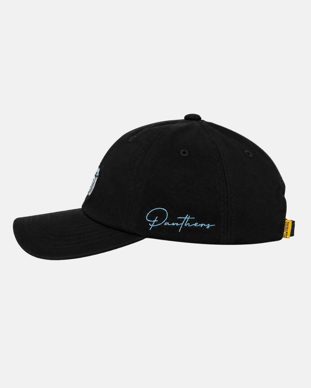 The 26-27 Crest Dad Cap by Panthersland features a curved brim, the word Panthers embroidered in light blue script on the side, an adjustable clip closure for a customizable fit, and a small yellow tag near the back.