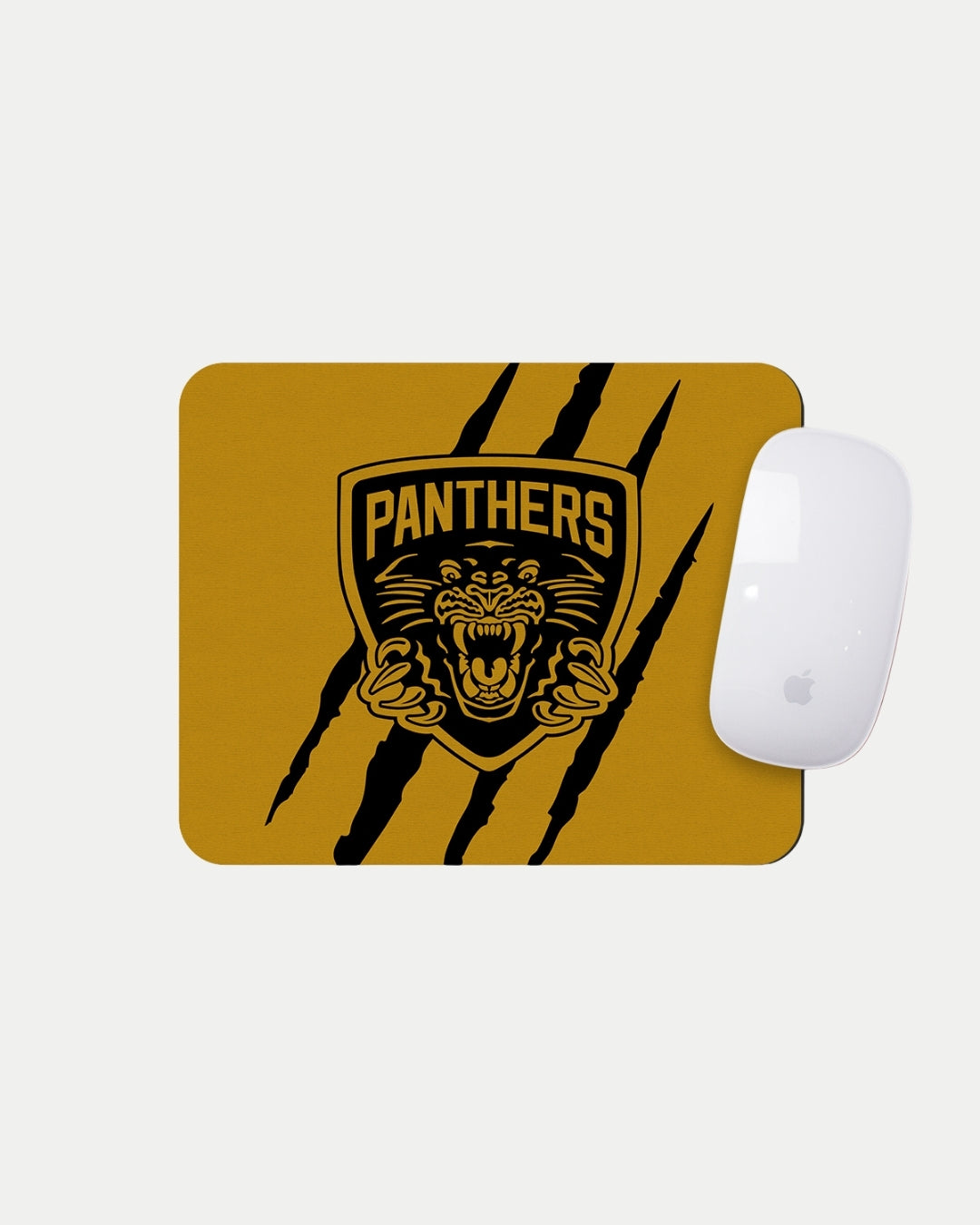The Nottingham Panthers’ Panthers Gold Slash Mousemat features a gold design with a black roaring panther head and three claw marks, made to order and shown with an Apple Magic Mouse on the top right corner.