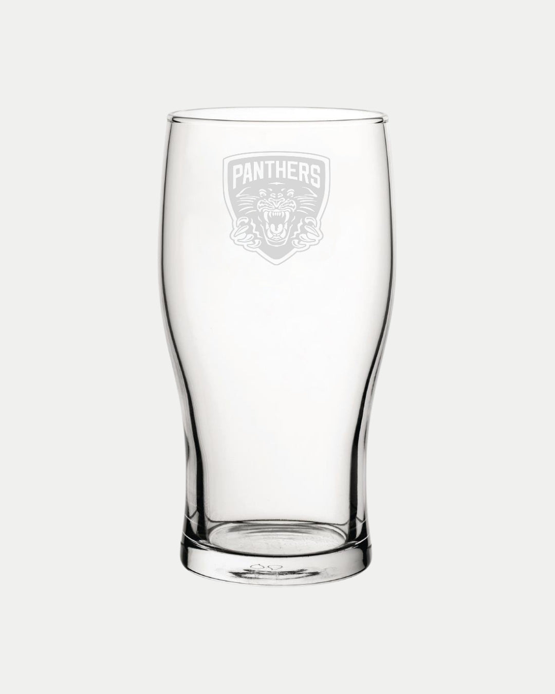 The Nottingham Panthers made-to-order Panthers Pint Glass features a roaring panther head logo etched on the front, displayed empty against a light gray background to help minimize waste during production.