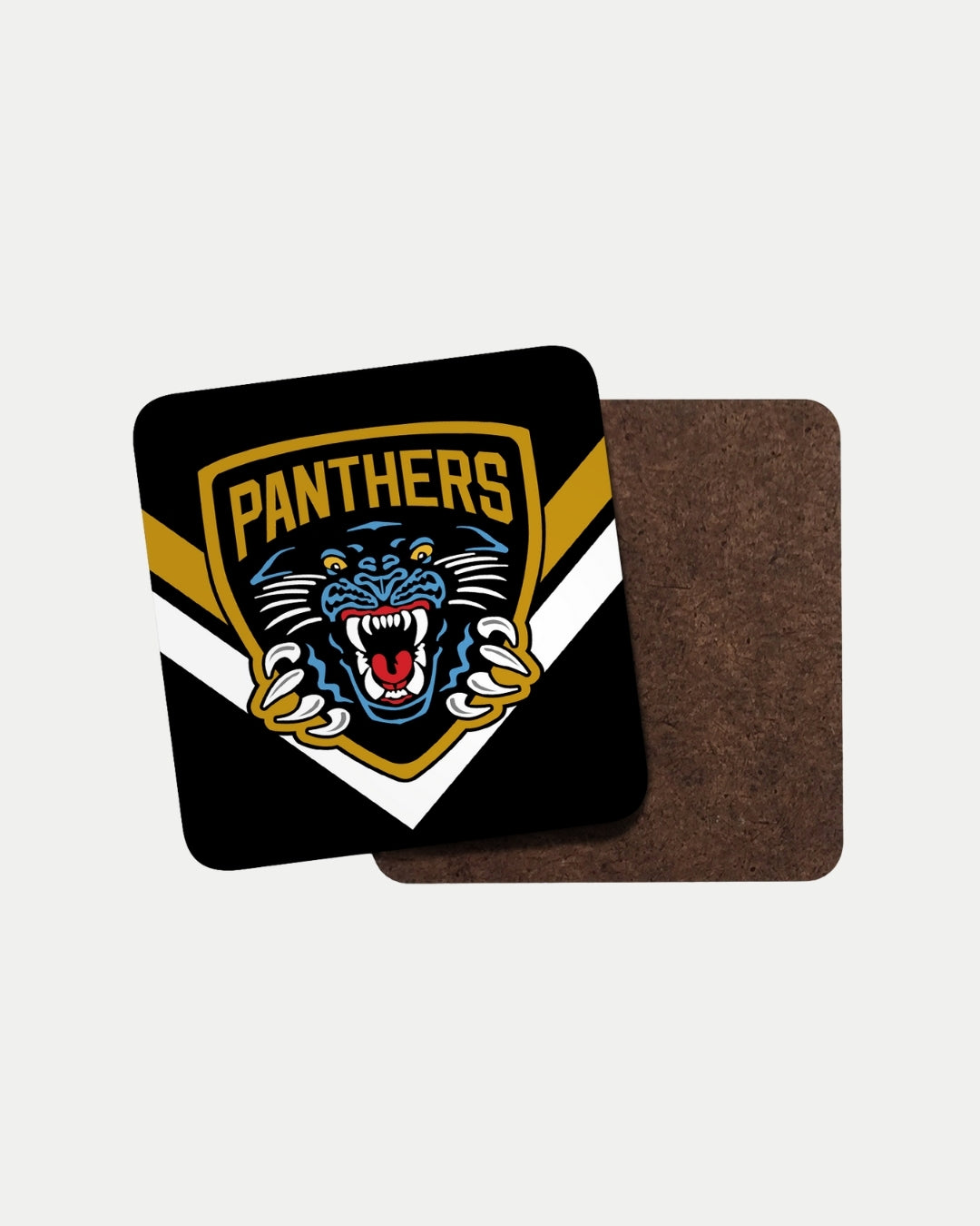 The Nottingham Panthers’ Panthers V Coaster is a square, eco-friendly coaster with a blue panther logo and bold yellow Panthers lettering on a black, gold, and white background. A plain brown coaster sits partially behind it.
