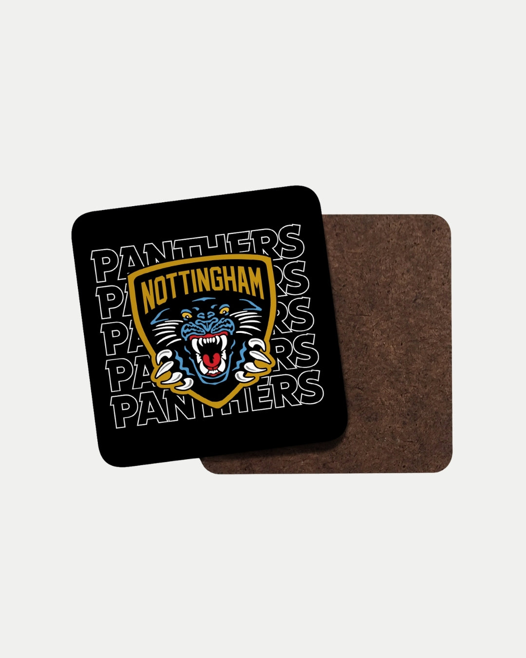 The Nottingham Panthers’ Panthers Repeat Coasters feature a roaring panther logo with “NOTTINGHAM” above it and bold PANTHERS text in the background. Each coaster is made to order for reduced waste.