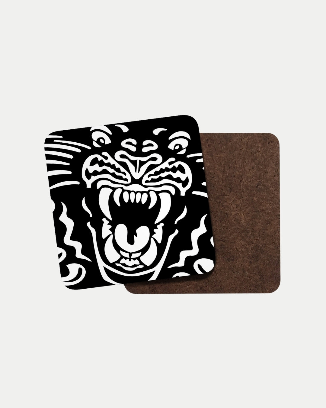 The Nottingham Panthers’ Panthers White Coaster features a bold, stylized white tiger face on black. Made to order for less waste; plain brown back. Delivery details at checkout.