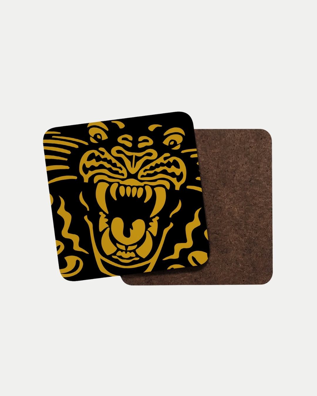 The Nottingham Panthers Panthers Gold Coaster features a bold yellow tiger face on black—crafted to order for a unique, personalized touch and shown atop a plain brown coaster.