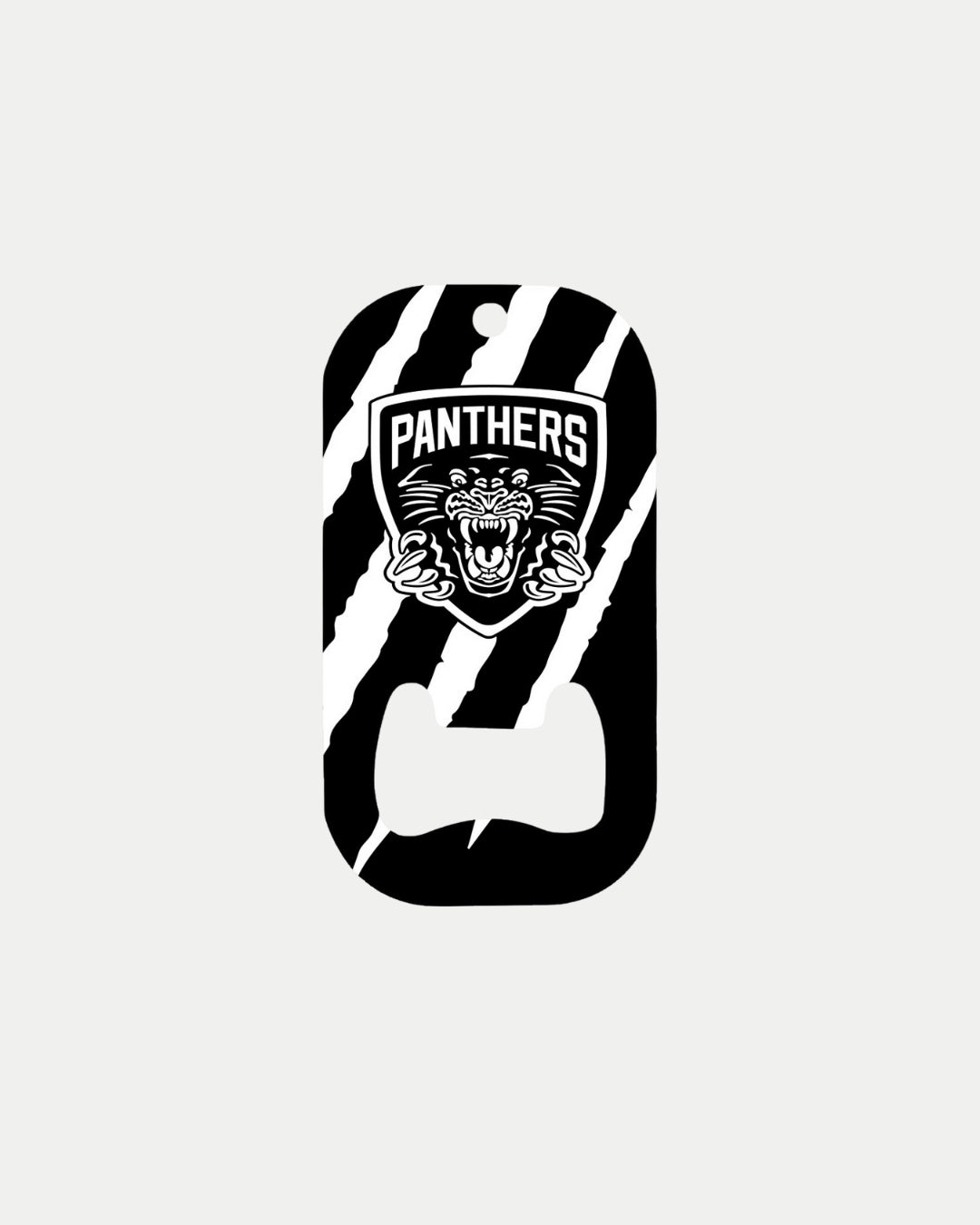 The Nottingham Panthers’ White Slash Bottle Opener features black and white claw marks, a fierce panther logo with “PANTHERS” above, and is made to order for eco-friendliness.