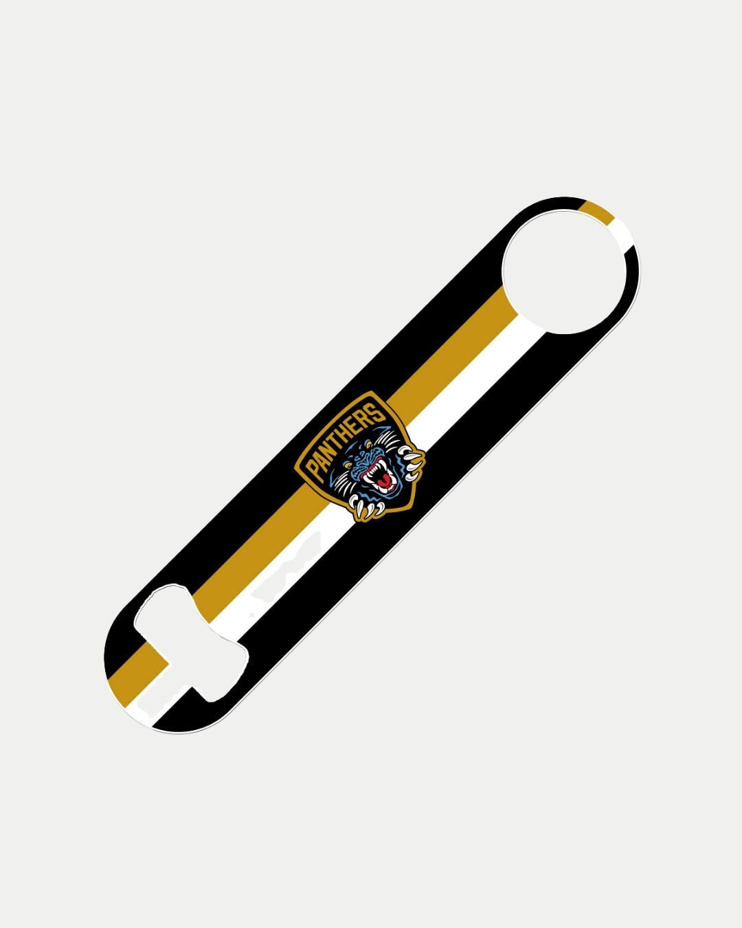 The Panthers Striped Bar Blade by The Nottingham Panthers is a flat metal bottle opener with black, white, and gold stripes, a snarling panther logo, and PANTHERS in gold—crafted to order for fans who value unique style and sustainability.