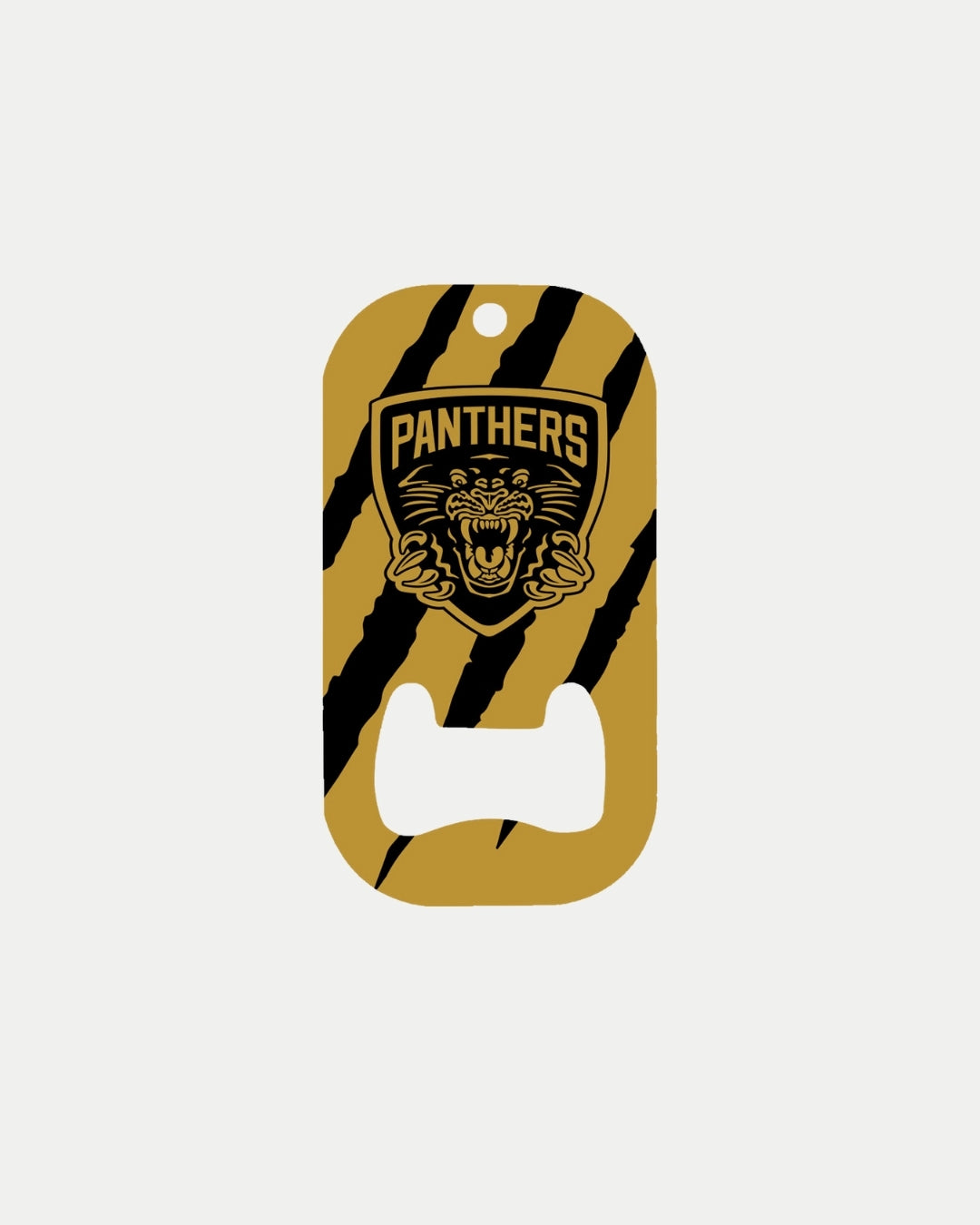The Nottingham Panthers’ Panthers Gold Slash Bottle Opener is made to order, featuring a yellow and black claw mark design with a roaring panther logo above PANTHERS, helping to reduce waste.