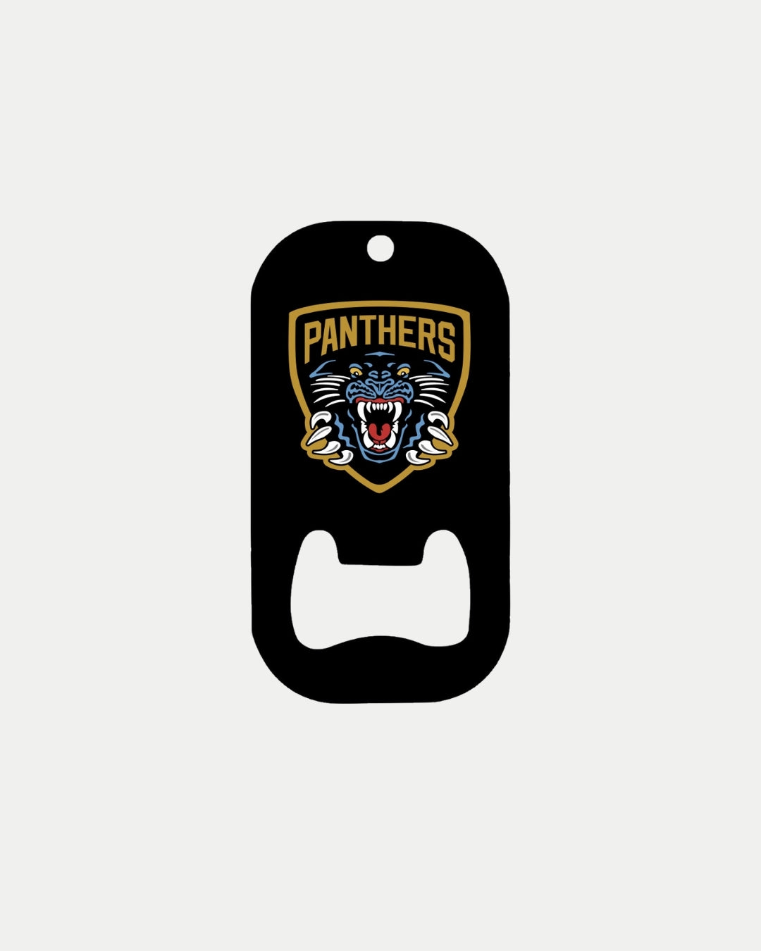 The Nottingham Panthers’ Black Bottle Opener features a bold panther logo and gold PANTHERS text on a shield, made to order for reduced waste.