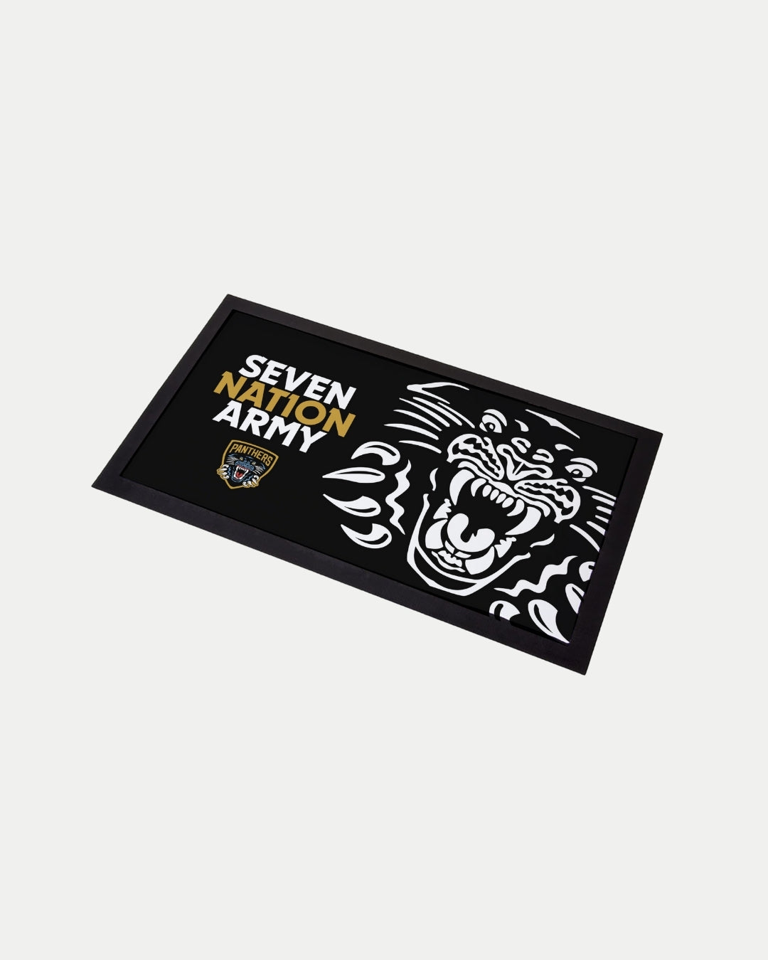 The Nottingham Panthers Seven Nation Army Bar Runner features bold white and gold lettering, a roaring tiger illustration, and a badge logo on the left. Made-to-order to reduce waste; delivery estimate shown at checkout.