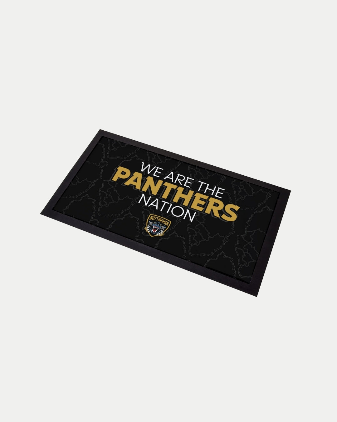 The Nottingham Panthers Panthers Nation Bar Runner features “We Are The Panthers Nation” in white and gold, a small Panthers logo, and a subtle map background. Made to order for sustainability.