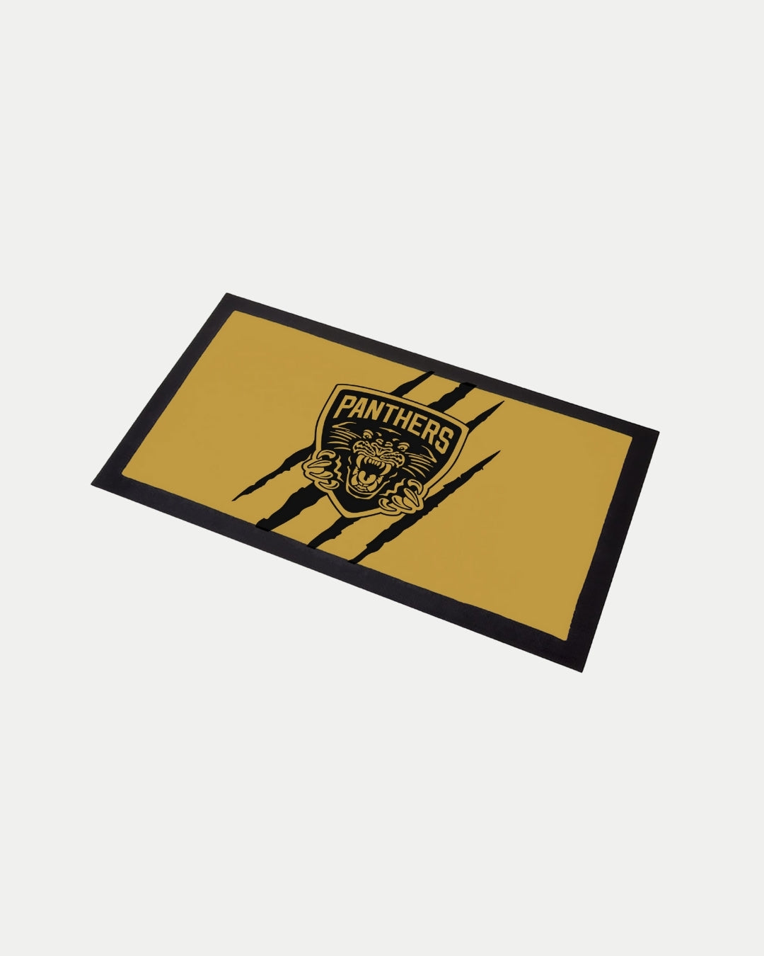 The Nottingham Panthers Gold Slash Bar Runner is a rectangular yellow runner with a black border, featuring the team logo, PANTHERS, and black claw mark designs, custom-made to suit your space.