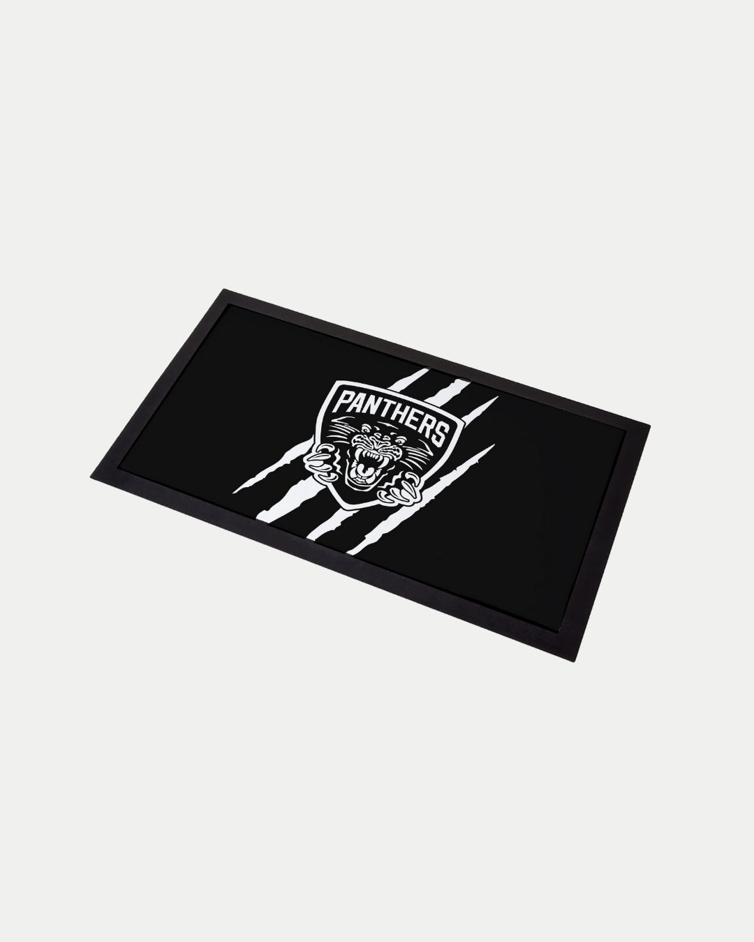 The Nottingham Panthers Black Slash Bar Runner features a white panther head logo, the word PANTHERS, and three diagonal claw marks. Made-to-order to reduce waste, it has a dark border and is set against a plain white background.