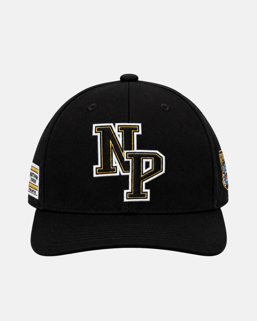 Introducing the 26-27 NP Logo Snapback by Panthersland—a black snapback cap featuring an embroidered gold and white Nottingham Panthers (NP) logo on the front. Each side of the cap displays a unique, multi-colored patch design. The product is photographed against a plain white background.