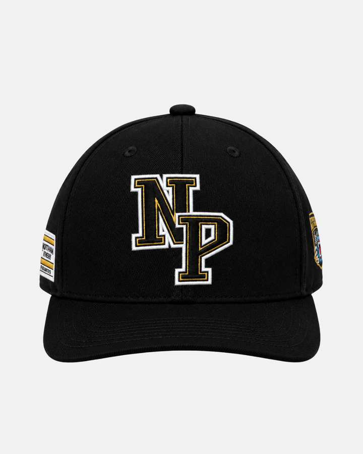 Introducing the 26-27 NP Logo Snapback by Panthersland—a black snapback cap featuring an embroidered gold and white Nottingham Panthers (NP) logo on the front. Each side of the cap displays a unique, multi-colored patch design. The product is photographed against a plain white background.