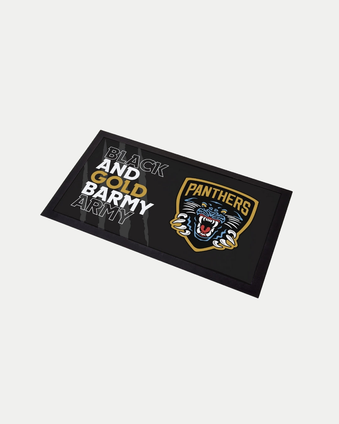 Rectangular bar runner with BARMY ARMY text and a panther logo with PANTHERS on a black background. Made-to-order by The Nottingham Panthers to reduce waste. Estimated delivery shown at checkout.