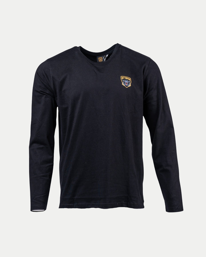 The Nottingham Panthers Golden Logo Black Long Sleeve features a small white and gold embroidered shield patch on the left chest. Displayed against a plain white background.
