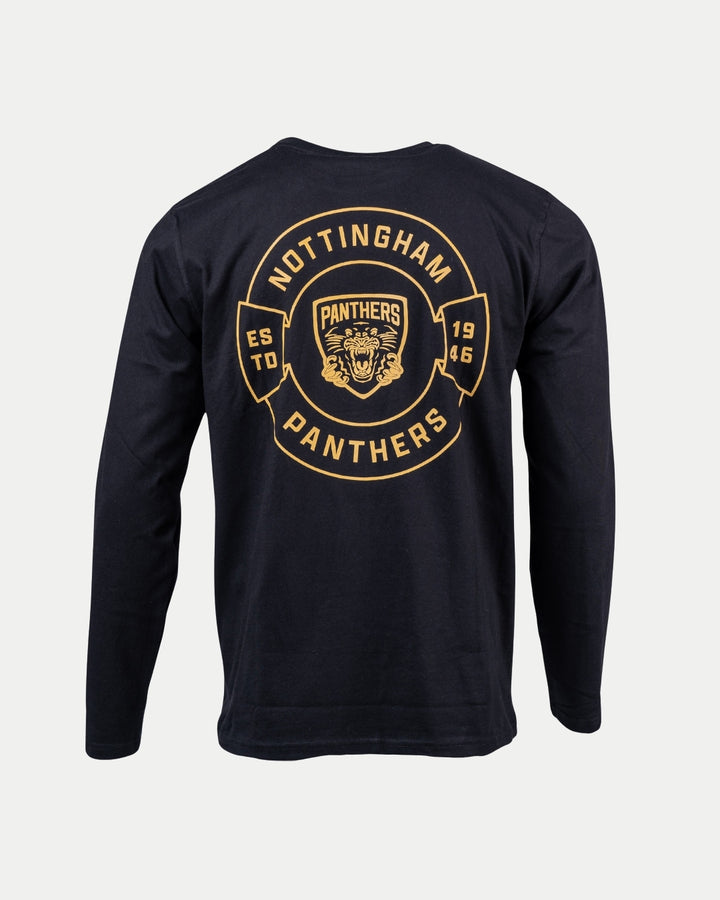 The Nottingham Panthers Golden Logo Black Long Sleeve features a large yellow team logo and Nottingham Panthers ESTD 1946 text on the back.