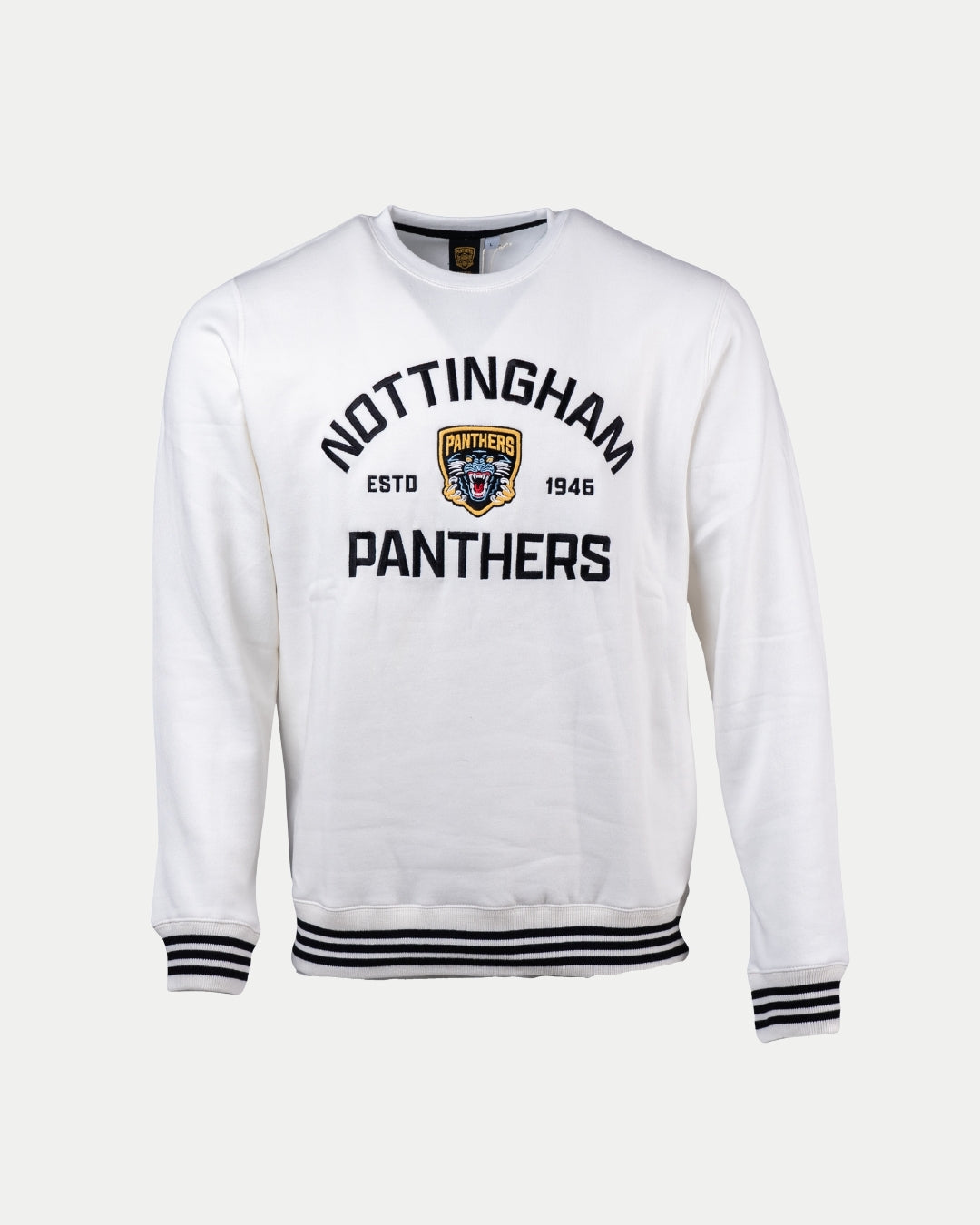 The Nottingham Panthers Cream Logo Sweater features black striped cuffs and collar, ESTD 1946 text, and a bold team logo on the chest—a must-have for dedicated Panthers fans.