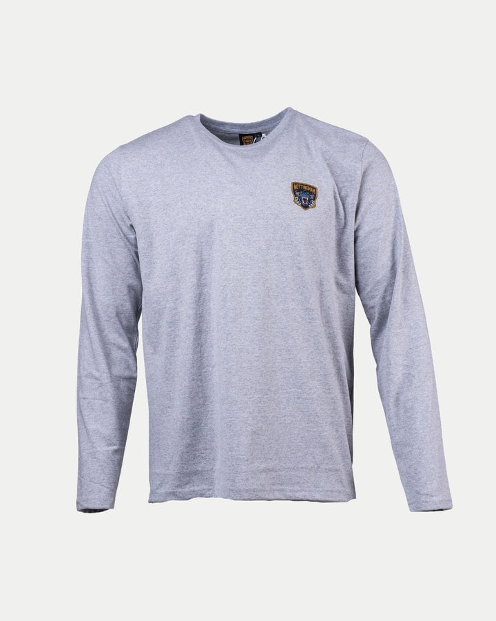 The Nottingham Panthers Logo Grey Long Sleeve features a small embroidered shield patch on the left chest, adding subtle style. The light gray shirt is shown against a plain white background.