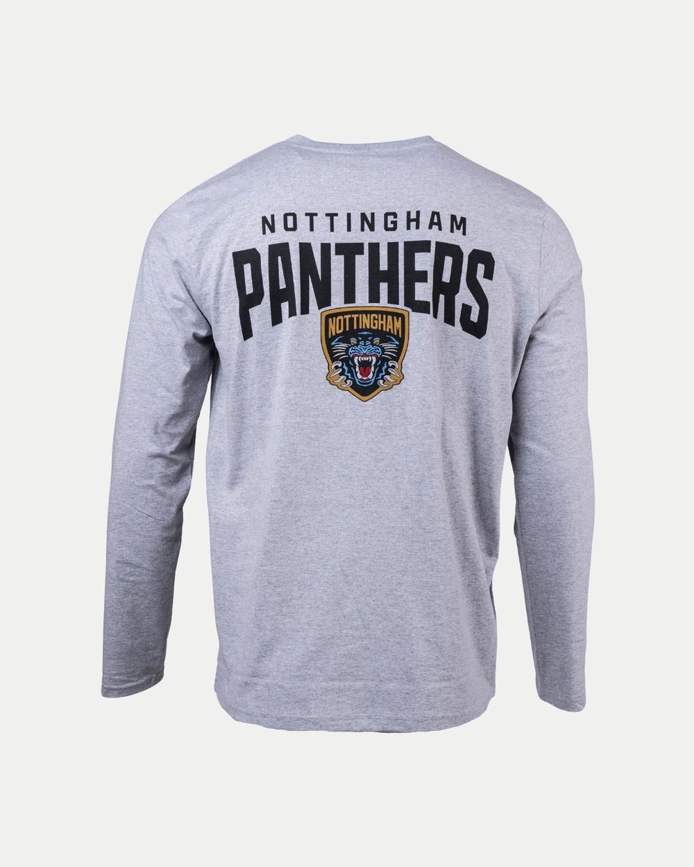 The Nottingham Panthers Logo Grey Long Sleeve features bold black NOTTINGHAM PANTHERS lettering and a striking panther logo on the back.