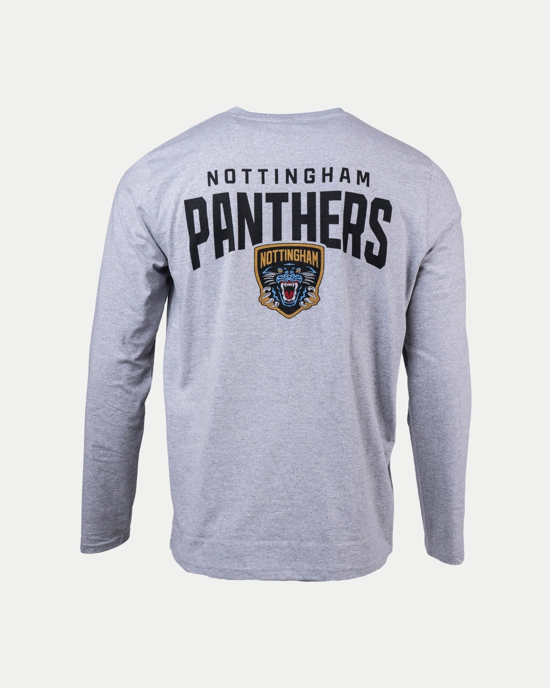 The Nottingham Panthers Logo Grey Long Sleeve features bold black NOTTINGHAM PANTHERS lettering and a striking panther logo on the back.