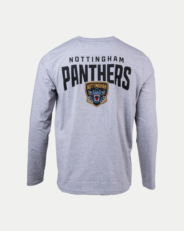 The Nottingham Panthers Logo Grey Long Sleeve features bold black NOTTINGHAM PANTHERS lettering and a striking panther logo on the back.