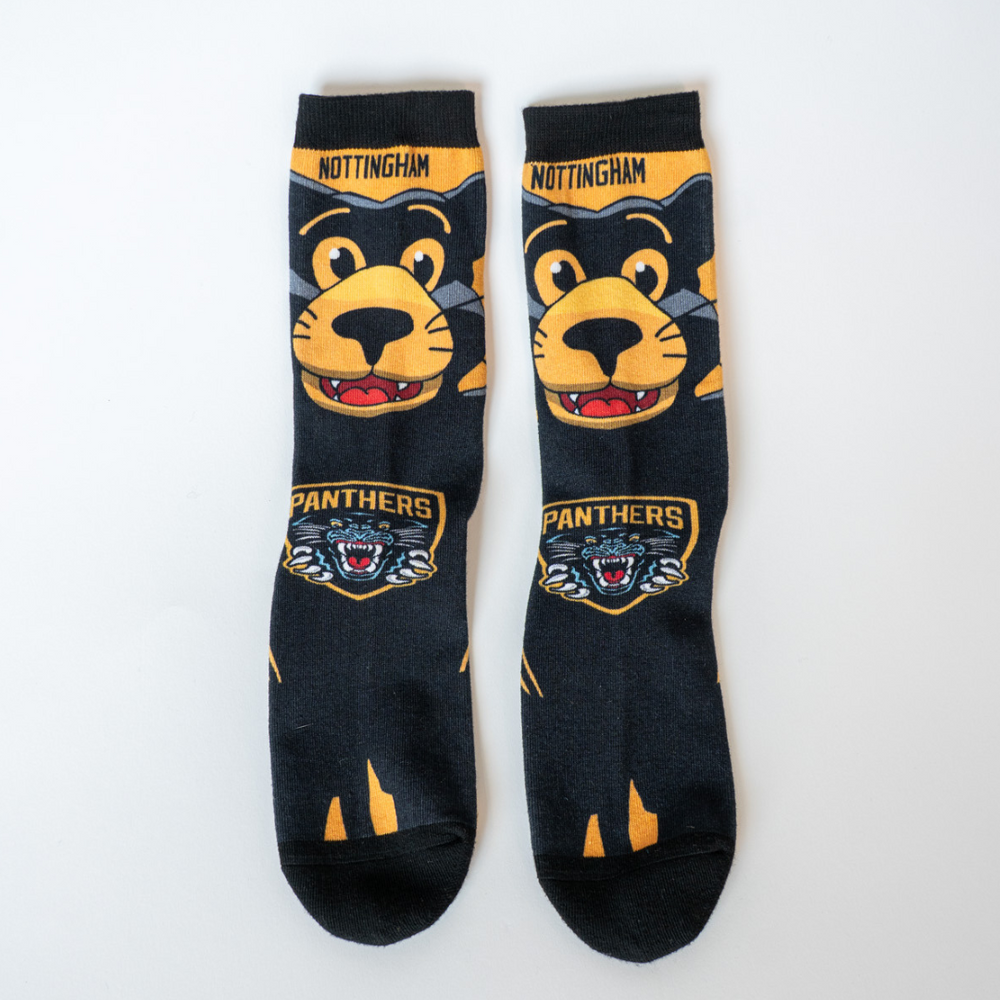 Show your team pride with Nottingham Panthers Paws Socks—black socks featuring a cartoon panther face, NOTTINGHAM text, and a fierce Panthers logo—ideal for any Nottingham Panthers supporter.