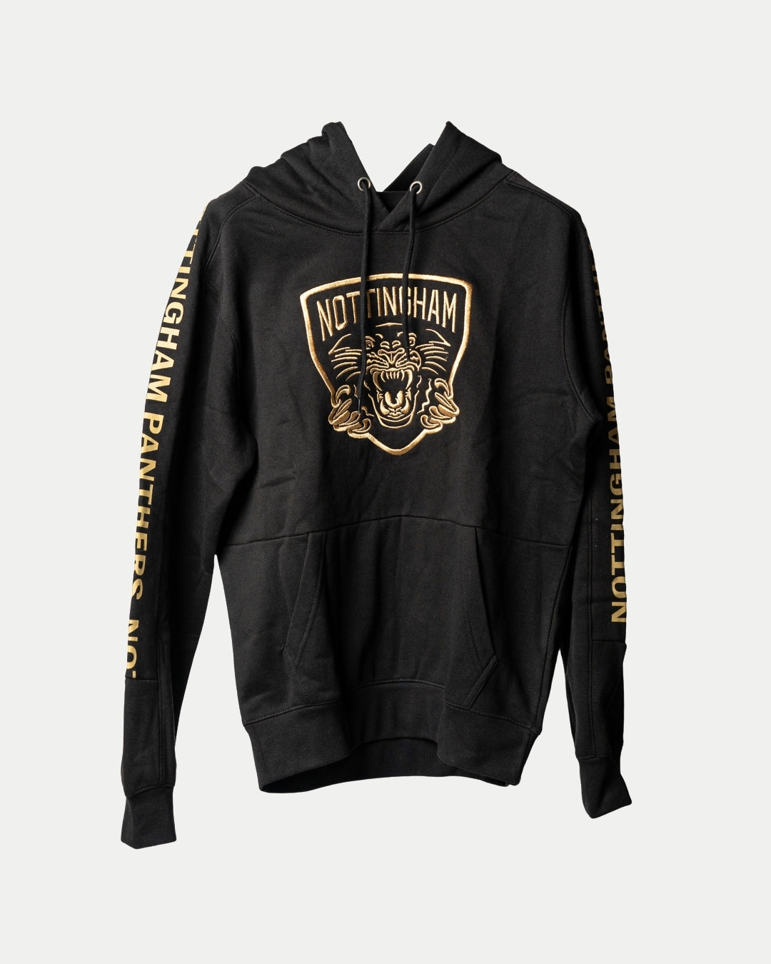 The Nottingham Panthers Golden Twill Hockey Club Hoodie features a bold front panther logo, NOTTINGHAM PANTHERS in yellow on both sleeves, plus a front pocket and adjustable drawstring hood for comfort.