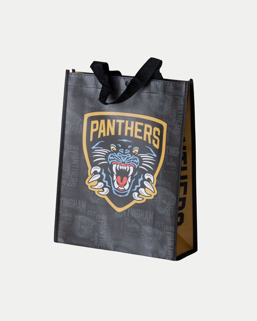 The Nottingham Panthers Small Reusable Tote Bag features black handles, a large roaring panther logo with PANTHERS on the front, and a subtle Panthers and Nottingham pattern background.